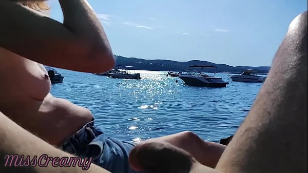 French Milf Handjob Amateur on Nude Beach public in Greece to stranger with Cumshot - MissCreamy