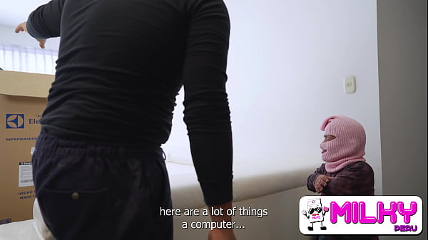 Look at me stepson! Stepmother with big tits fucks with three thieves in front of her stepson.