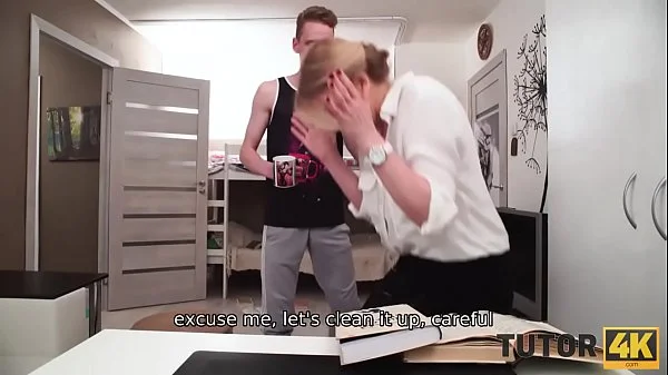 TUTOR4K. Man puts professor down on her knees for blowjob and fucks her